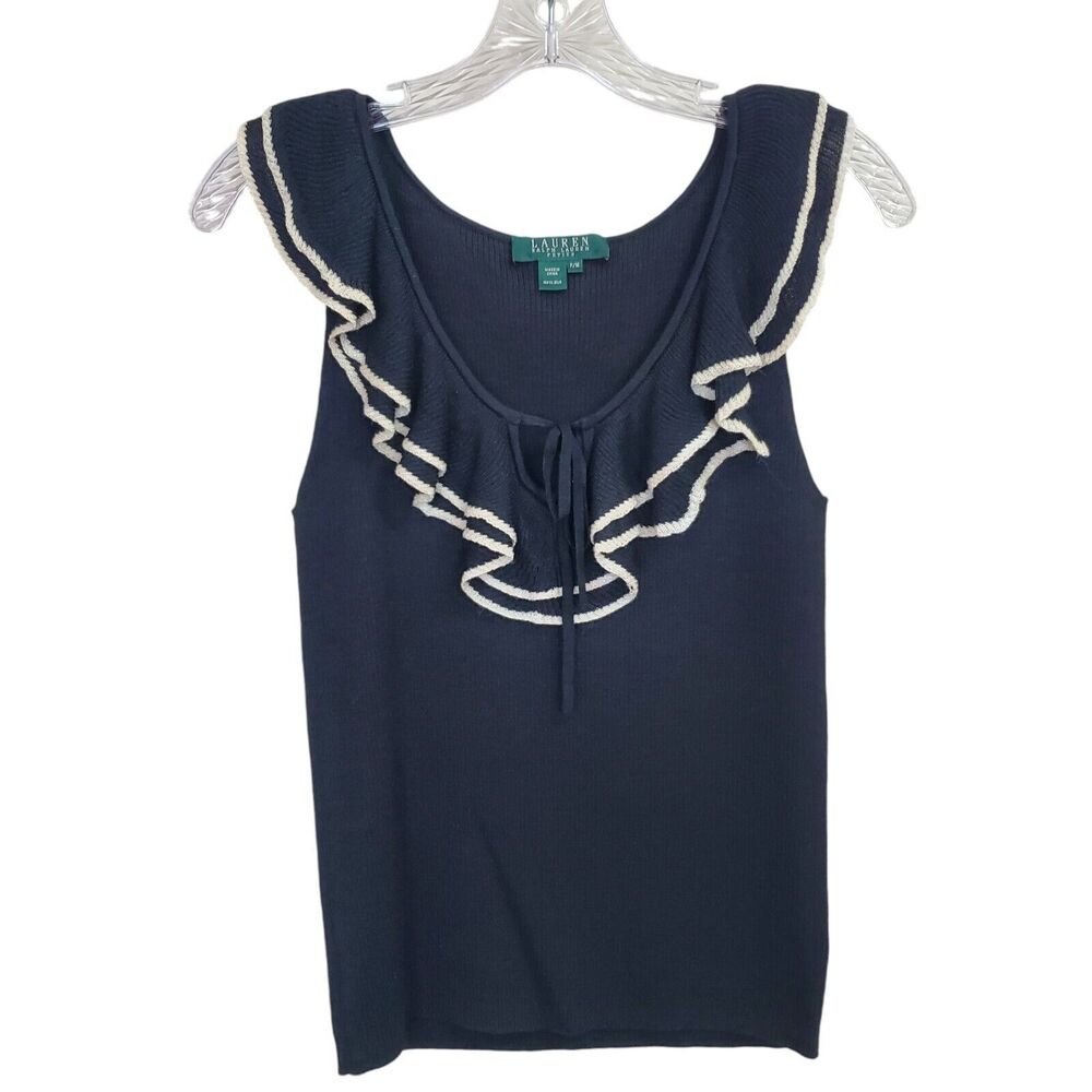 Ralph Lauren LRL Sz MP Petite Medium Ruffle Sleeveless Sweater Tank Black Cream